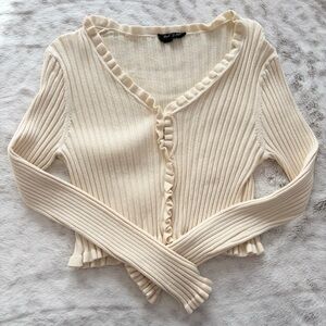 Hazel Boutique Cream Ribbed Ruffle Cardigan